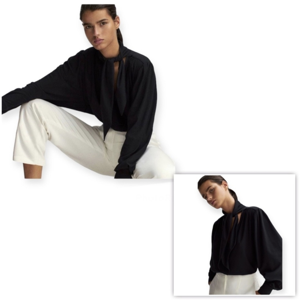 Massimo Dutti Black Neck Tie Blouse